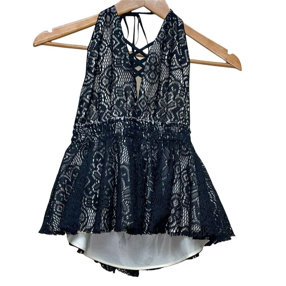DO+BE Lace Corset Front Halter Top Black Ivory Dress Women's Size Small